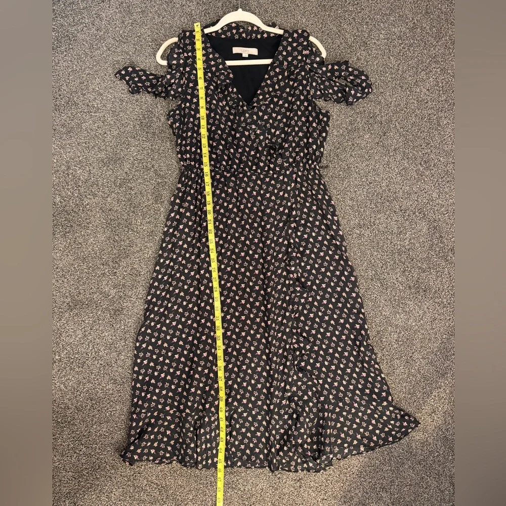 LOFT Black & Pink Midi Dress Faux Wrap Size Medium Cold Shoulder Missing Belt - Picture 12 of 12